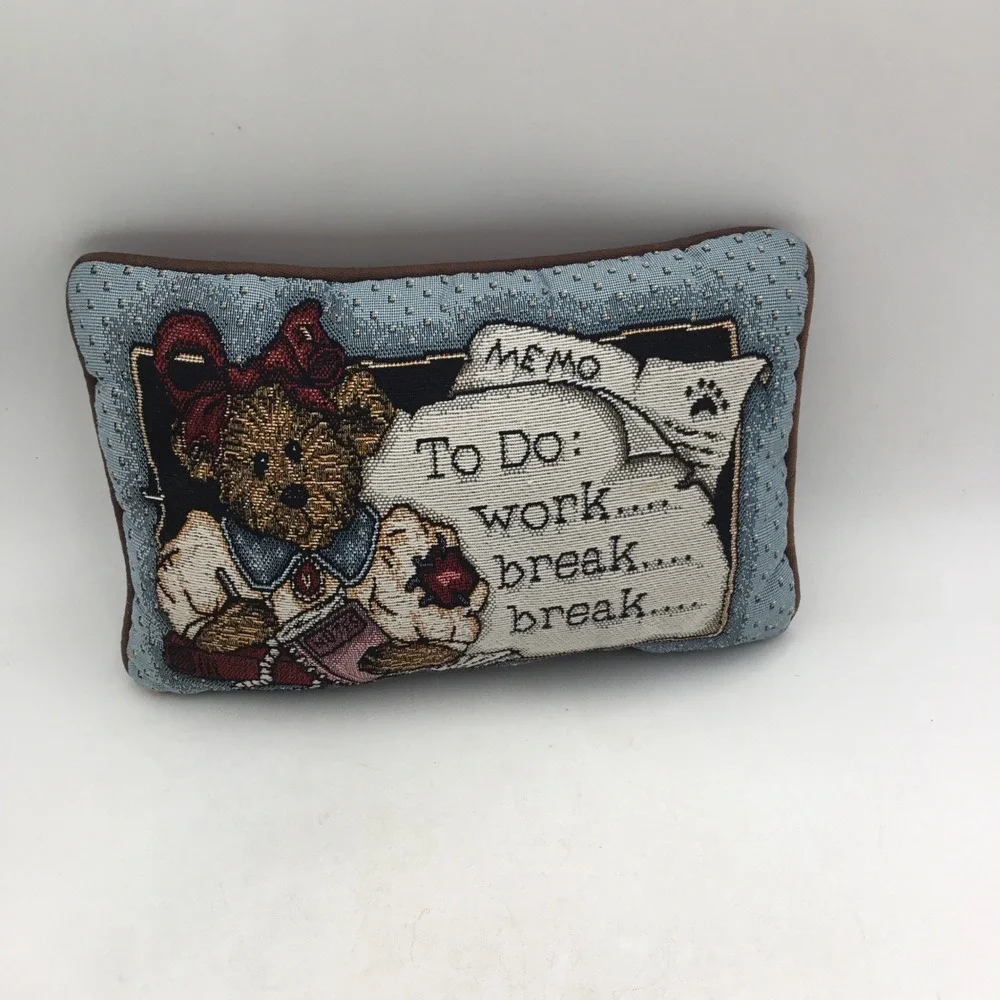 Vintage Woven Tapestry Teddy Bear Memo To Do Work Break Small Accent Pillow